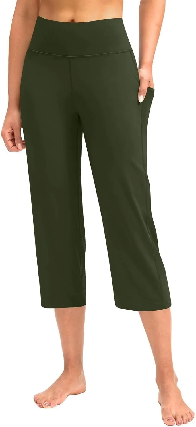 Capri Pants for Women Bootcut High Waist Leggings Crop Athletic Exercise Workout Yoga Pants Tummy Control Capris Straight Leg