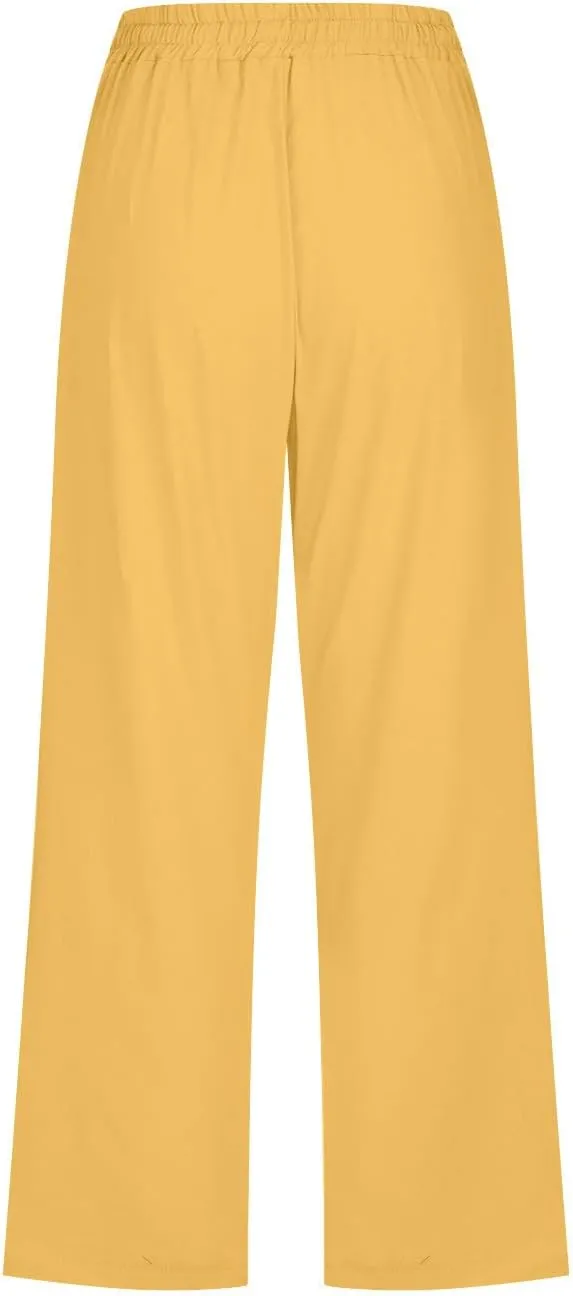 Capri Pants for Women Casual Linen Pants Summer Elastic High Waist Capris Loose Fit Straight Wide Leg Cropped Trouser