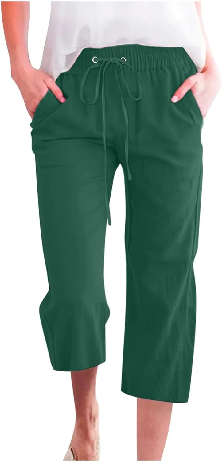 Capri Pants for Women Casual Linen Pants Summer Elastic High Waist Capris Loose Fit Straight Wide Leg Cropped Trouser