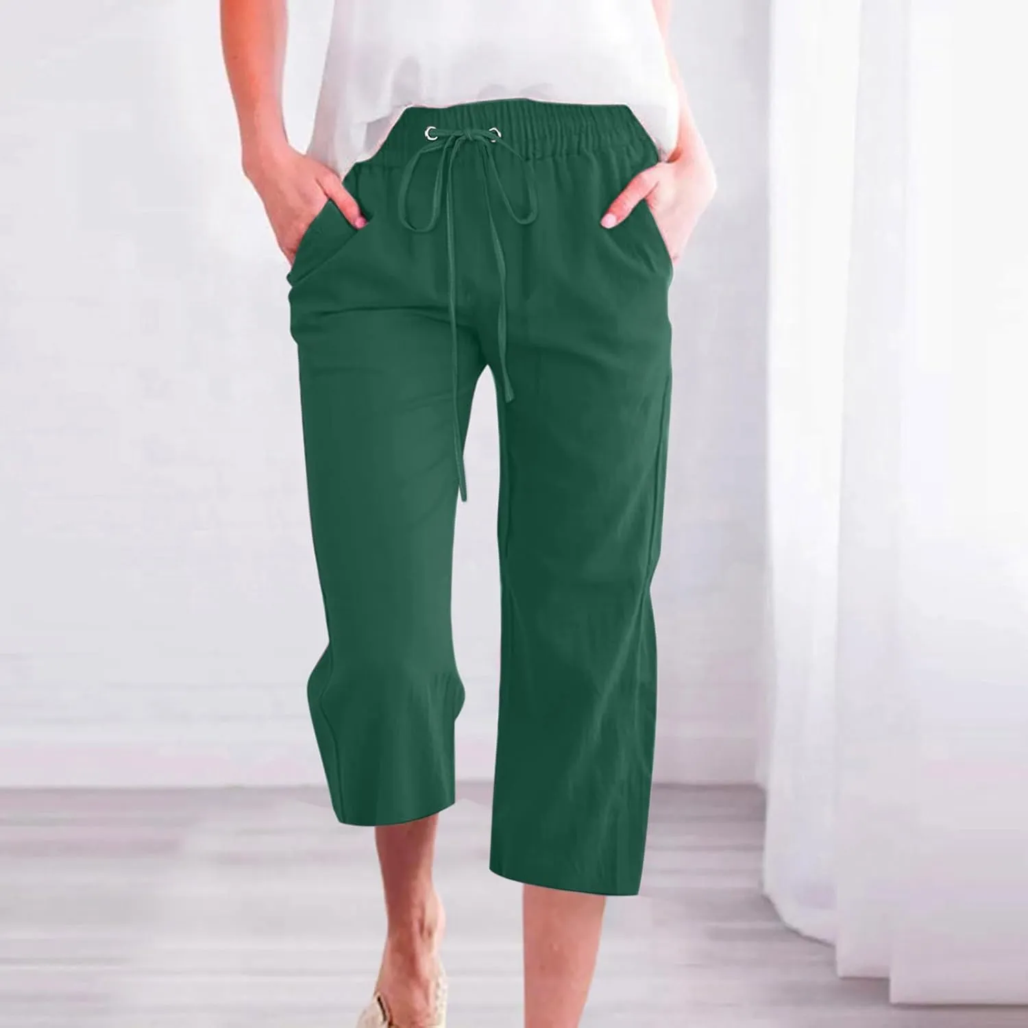 Capri Pants for Women Casual Linen Pants Summer Elastic High Waist Capris Loose Fit Straight Wide Leg Cropped Trouser