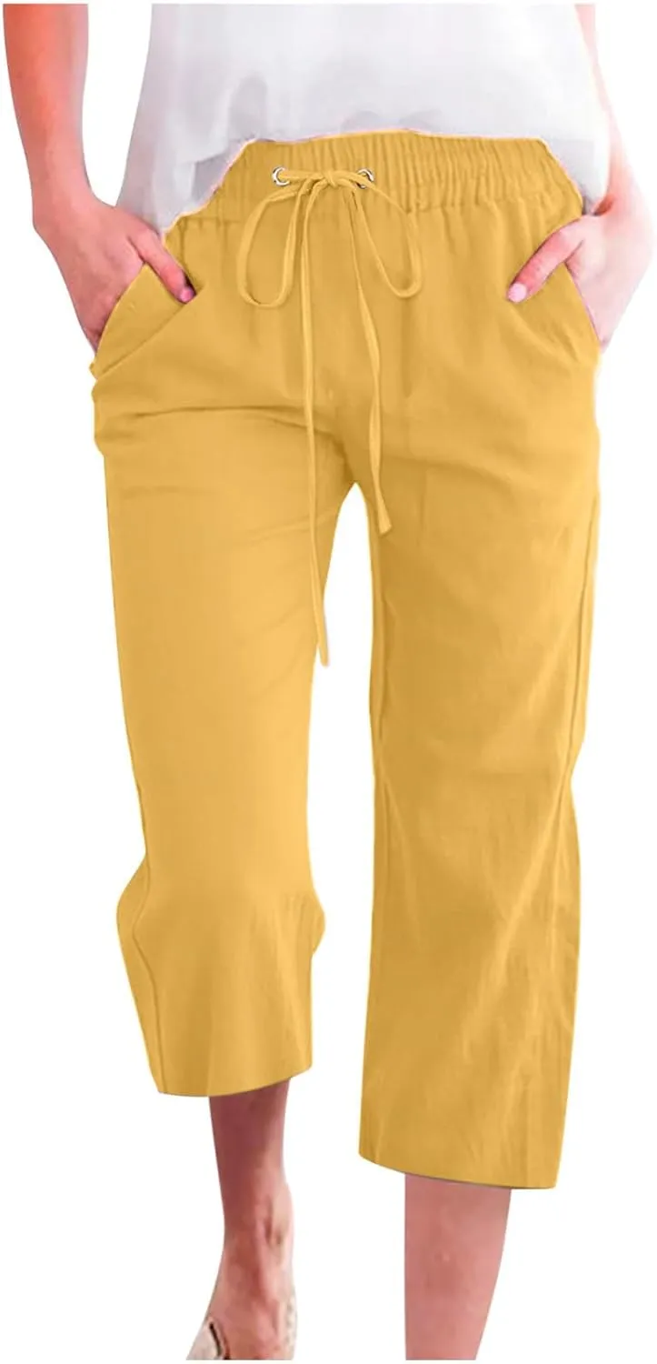 Capri Pants for Women Casual Linen Pants Summer Elastic High Waist Capris Loose Fit Straight Wide Leg Cropped Trouser
