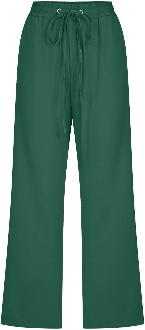 Capri Pants for Women Casual Linen Pants Summer Elastic High Waist Capris Loose Fit Straight Wide Leg Cropped Trouser