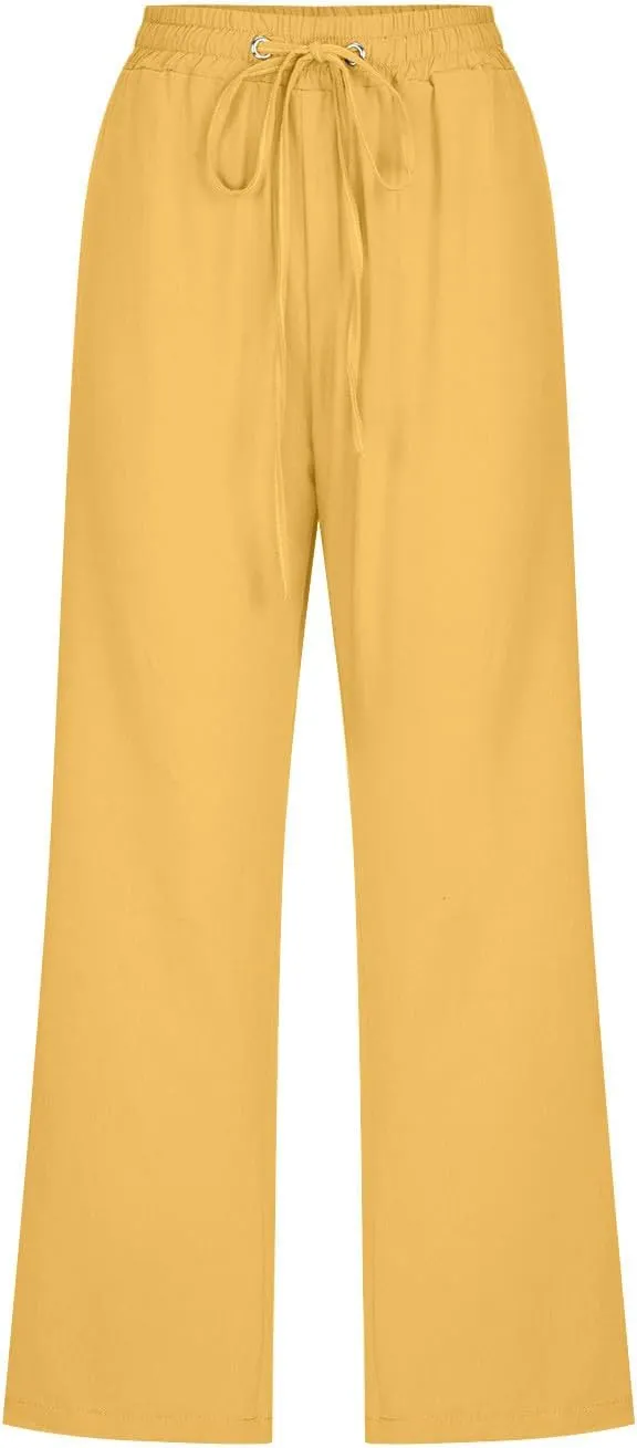 Capri Pants for Women Casual Linen Pants Summer Elastic High Waist Capris Loose Fit Straight Wide Leg Cropped Trouser