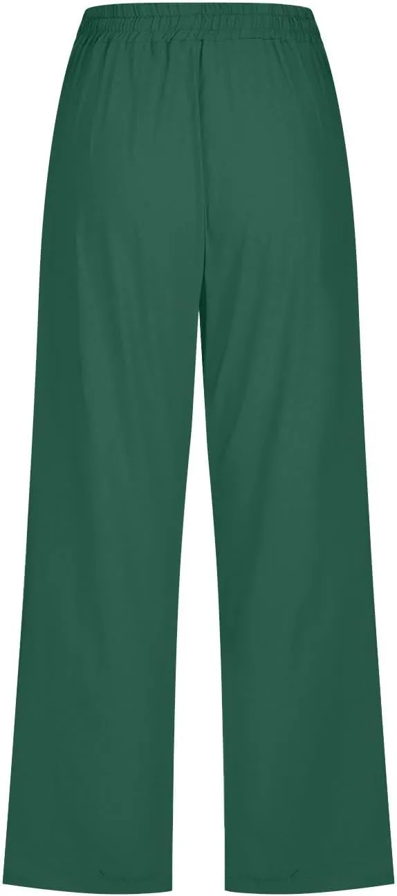 Capri Pants for Women Casual Linen Pants Summer Elastic High Waist Capris Loose Fit Straight Wide Leg Cropped Trouser