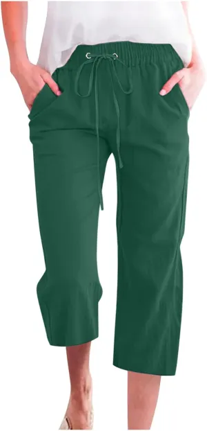 Capri Pants for Women Casual Linen Pants Summer Elastic High Waist Capris Loose Fit Straight Wide Leg Cropped Trouser