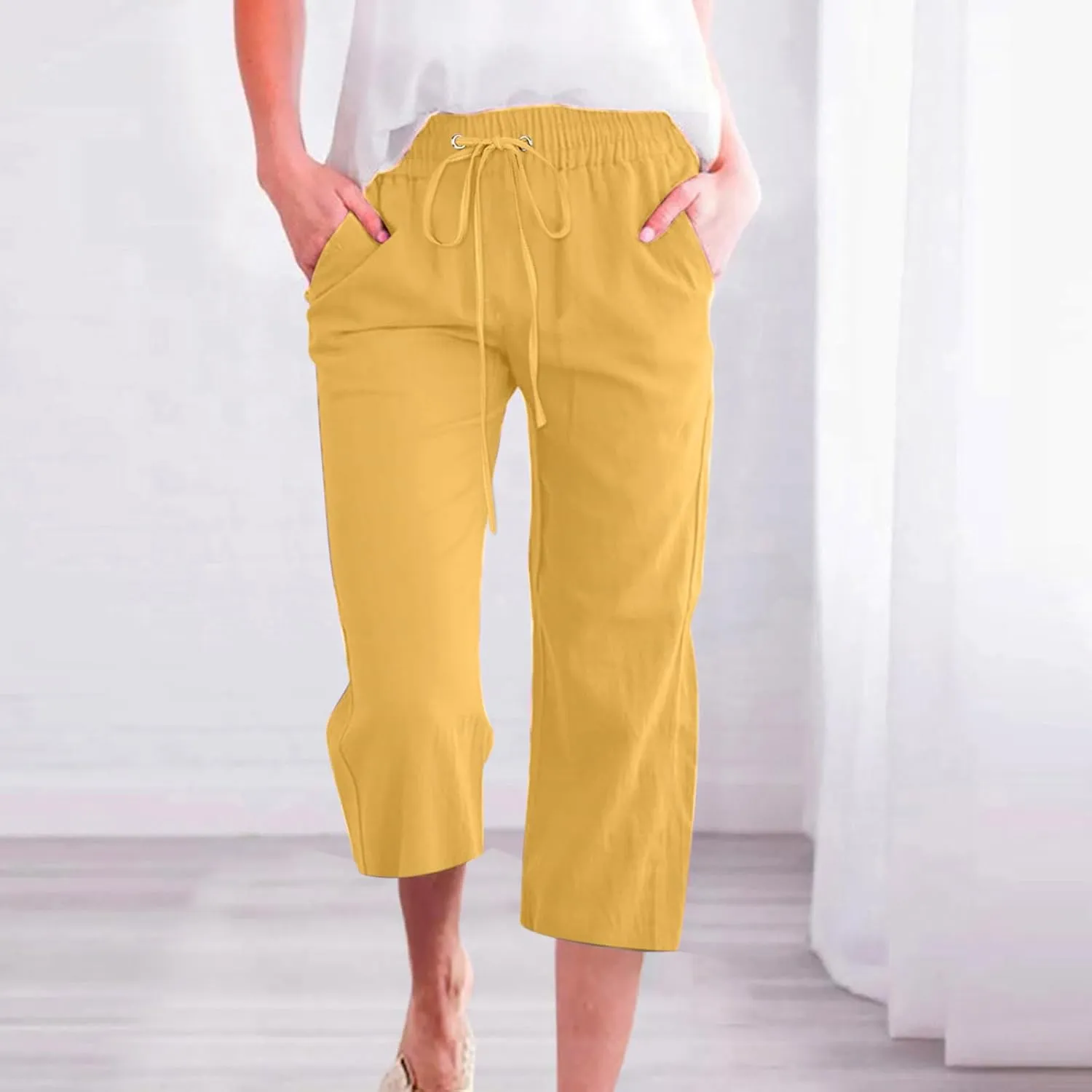 Capri Pants for Women Casual Linen Pants Summer Elastic High Waist Capris Loose Fit Straight Wide Leg Cropped Trouser
