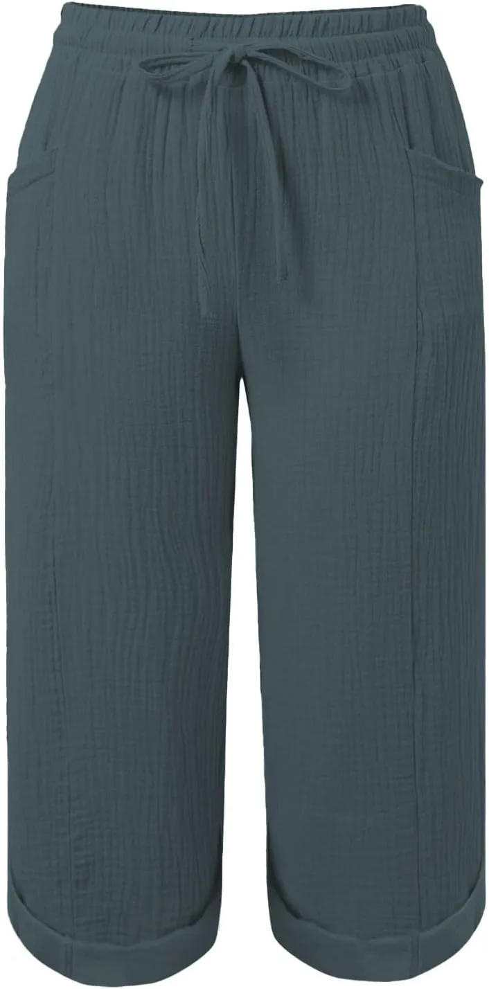 Capri Pants for Women Casual Summer Drawstring Elastic High Waist Linen Pant Cotton Linen Yoga Cropped Trousers