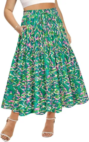 CARCOS Plus Size Skirts for Curvy Women Elastic High Waist Boho Maxi Skirt Pleated A-Line Tiered Long Skirts with Pockets