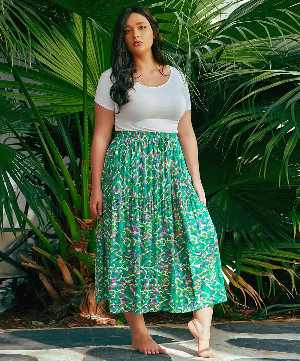 CARCOS Plus Size Skirts for Curvy Women Elastic High Waist Boho Maxi Skirt Pleated A-Line Tiered Long Skirts with Pockets