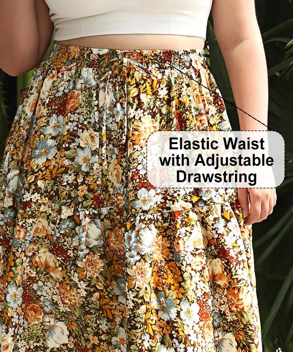 CARCOS Plus Size Skirts for Curvy Women Elastic High Waist Boho Maxi Skirt Pleated A-Line Tiered Long Skirts with Pockets