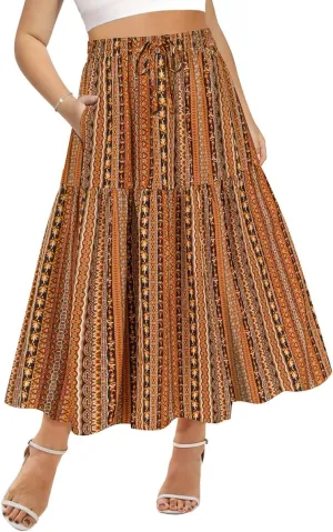 CARCOS Plus Size Skirts for Curvy Women Elastic High Waist Boho Maxi Skirt Pleated A-Line Tiered Long Skirts with Pockets