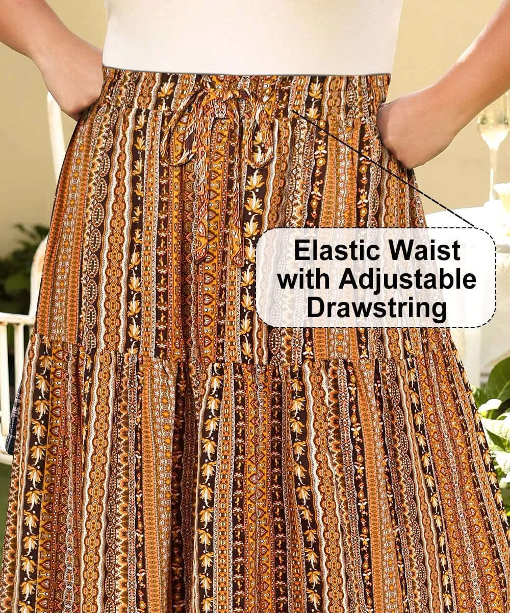 CARCOS Plus Size Skirts for Curvy Women Elastic High Waist Boho Maxi Skirt Pleated A-Line Tiered Long Skirts with Pockets