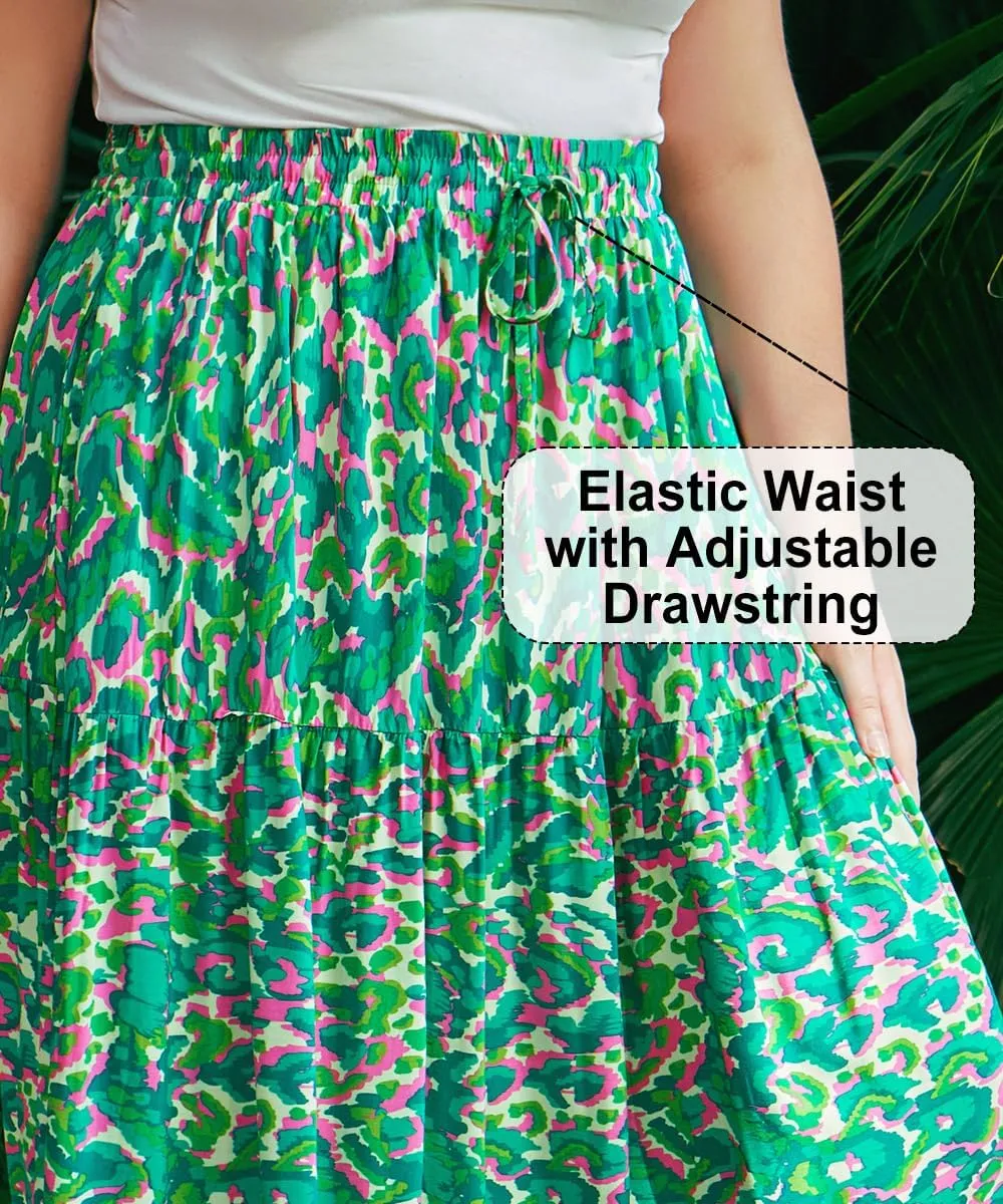CARCOS Plus Size Skirts for Curvy Women Elastic High Waist Boho Maxi Skirt Pleated A-Line Tiered Long Skirts with Pockets
