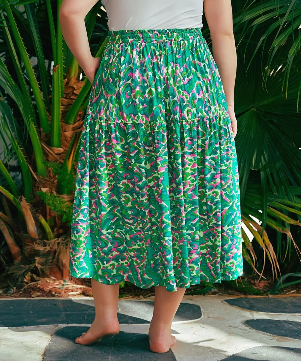 CARCOS Plus Size Skirts for Curvy Women Elastic High Waist Boho Maxi Skirt Pleated A-Line Tiered Long Skirts with Pockets