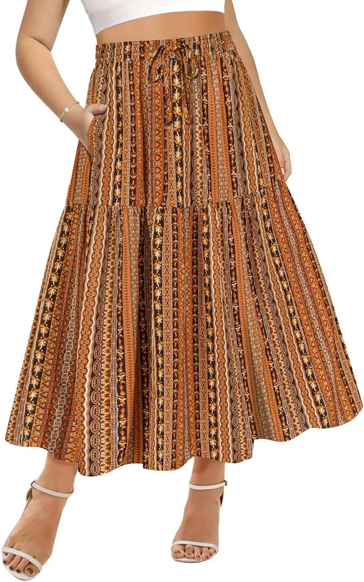 CARCOS Plus Size Skirts for Curvy Women Elastic High Waist Boho Maxi Skirt Pleated A-Line Tiered Long Skirts with Pockets