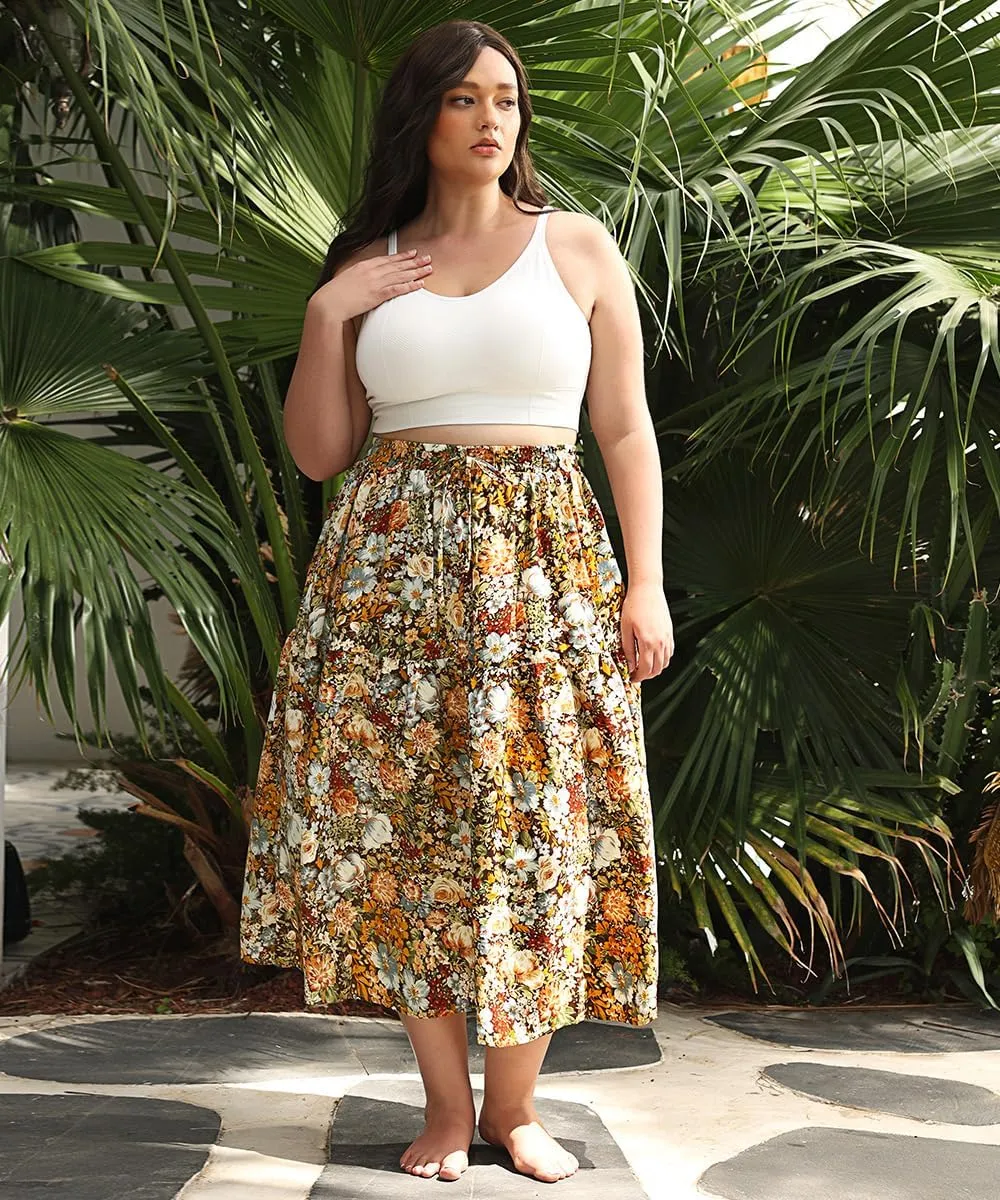 CARCOS Plus Size Skirts for Curvy Women Elastic High Waist Boho Maxi Skirt Pleated A-Line Tiered Long Skirts with Pockets