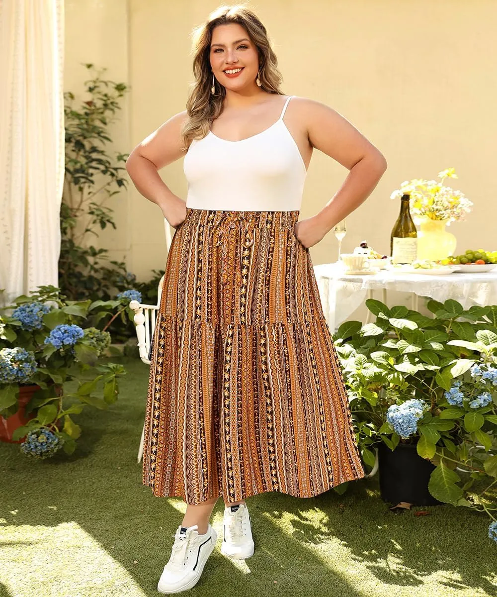 CARCOS Plus Size Skirts for Curvy Women Elastic High Waist Boho Maxi Skirt Pleated A-Line Tiered Long Skirts with Pockets