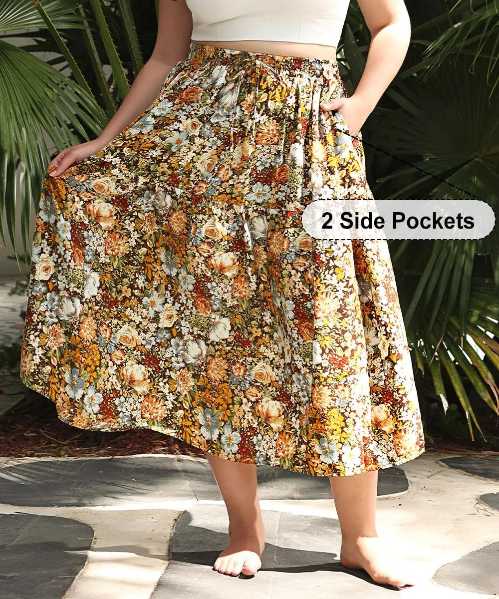 CARCOS Plus Size Skirts for Curvy Women Elastic High Waist Boho Maxi Skirt Pleated A-Line Tiered Long Skirts with Pockets