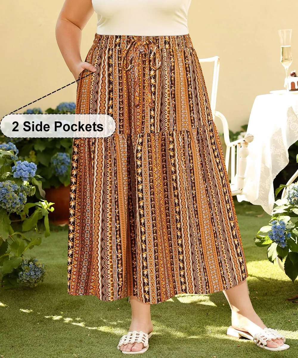 CARCOS Plus Size Skirts for Curvy Women Elastic High Waist Boho Maxi Skirt Pleated A-Line Tiered Long Skirts with Pockets