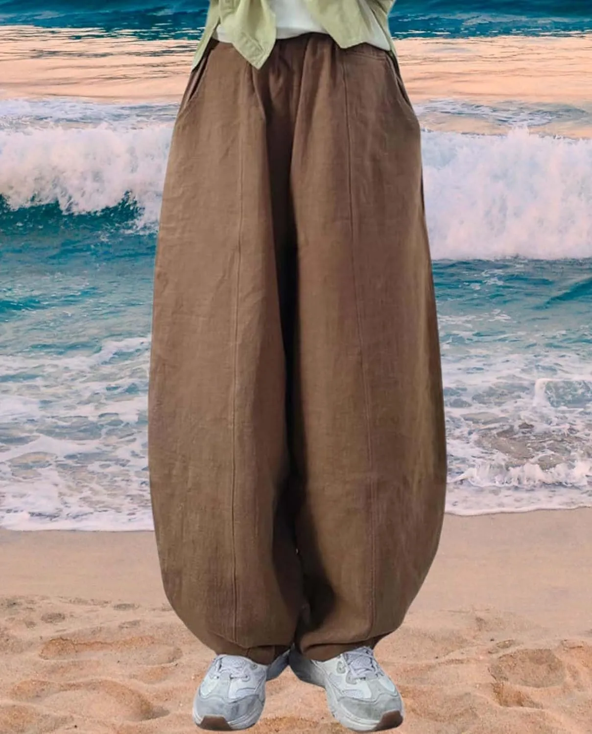 Cargo Japanese Pants for Women Cotton Linen Wide Leg Pants Casual Summer Boho Baggy Lantern Trouser with Pockets
