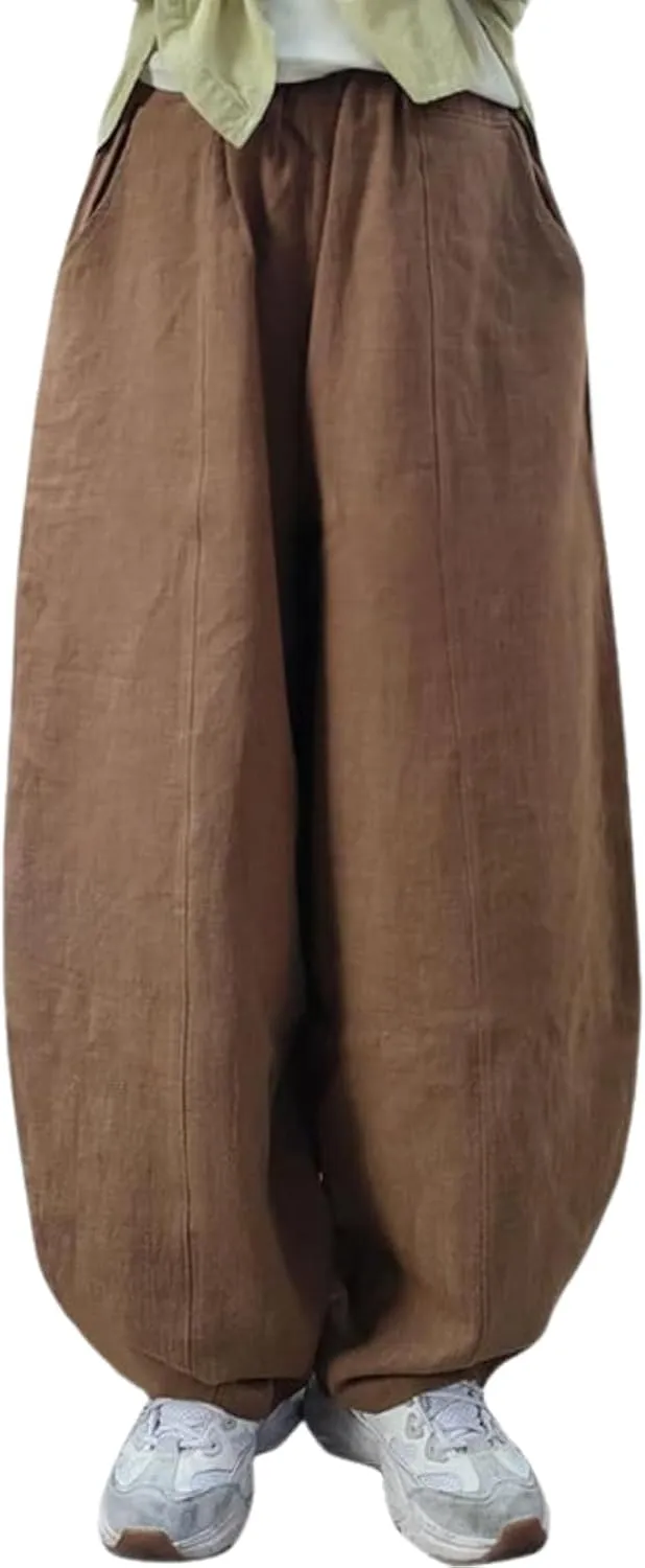 Cargo Japanese Pants for Women Cotton Linen Wide Leg Pants Casual Summer Boho Baggy Lantern Trouser with Pockets