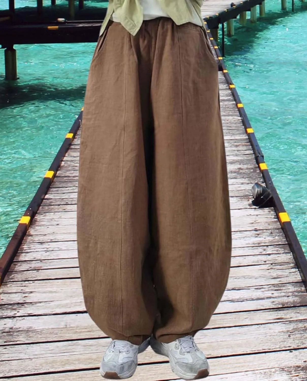 Cargo Japanese Pants for Women Cotton Linen Wide Leg Pants Casual Summer Boho Baggy Lantern Trouser with Pockets