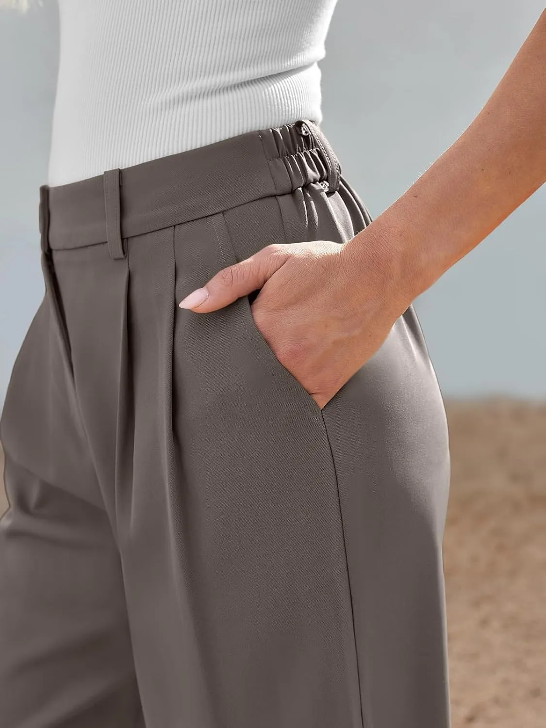 Chatinction Women's High Elastic Waisted Wide Leg Dress Pants Business Work Trousers with Pockets S-2XL