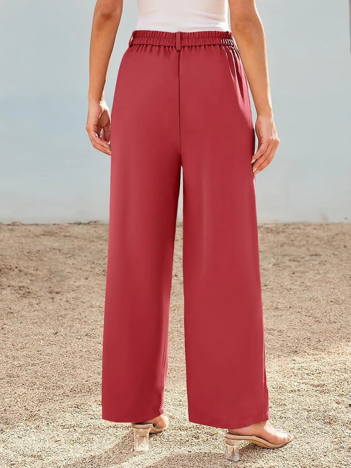 Chatinction Women's High Elastic Waisted Wide Leg Dress Pants Business Work Trousers with Pockets S-2XL