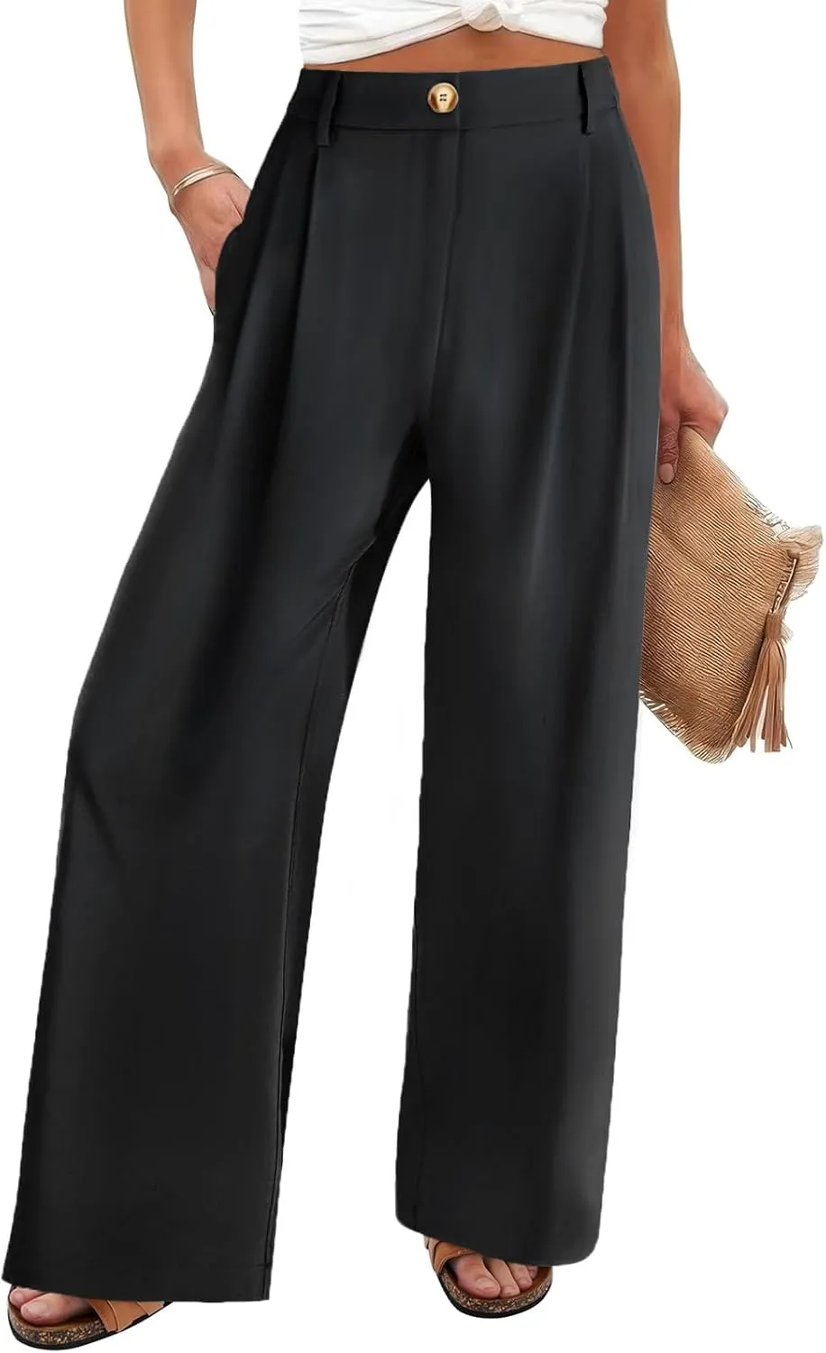 Chatinction Women's High Elastic Waisted Wide Leg Dress Pants Business Work Trousers with Pockets S-2XL