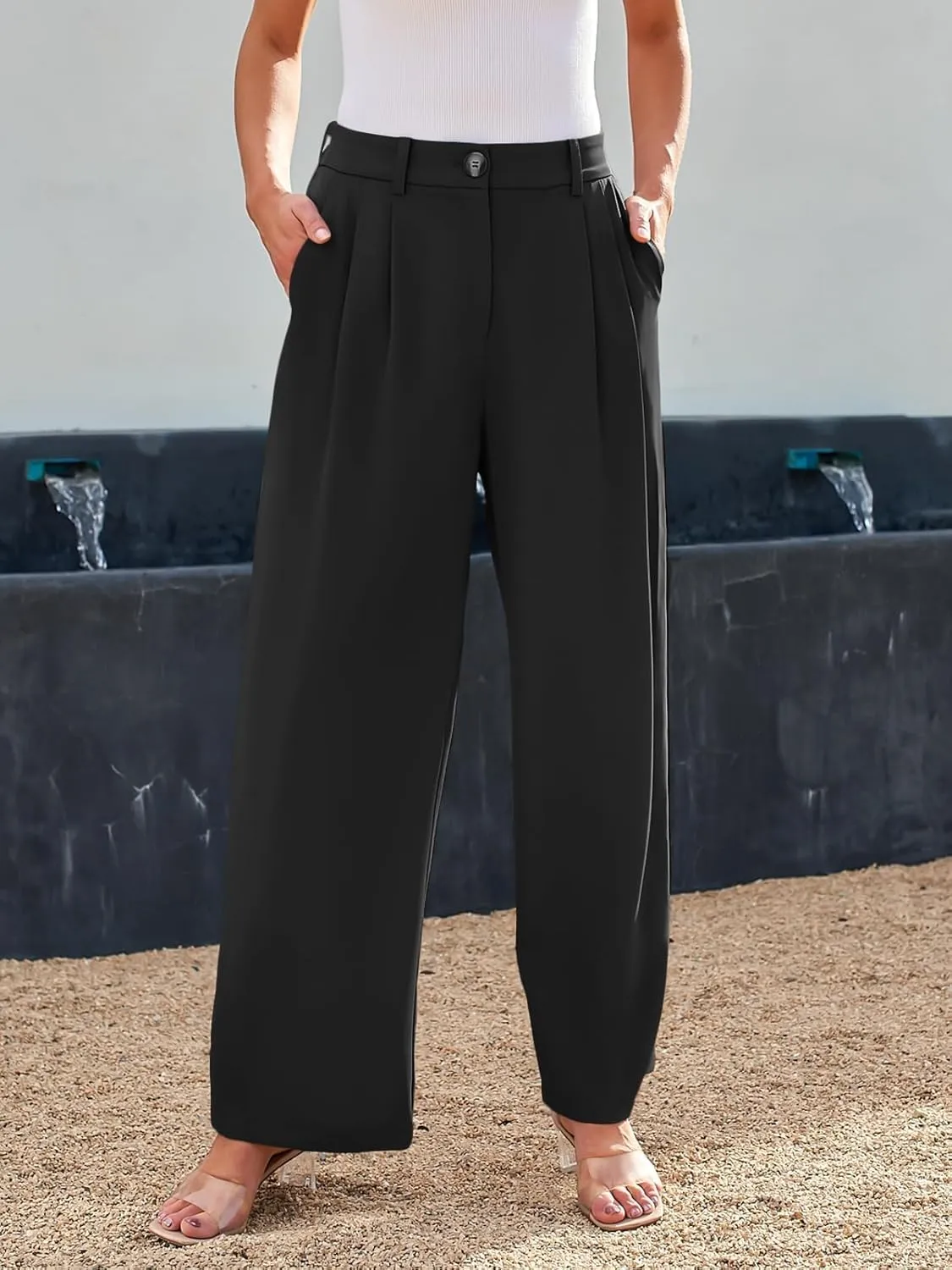 Chatinction Women's High Elastic Waisted Wide Leg Dress Pants Business Work Trousers with Pockets S-2XL