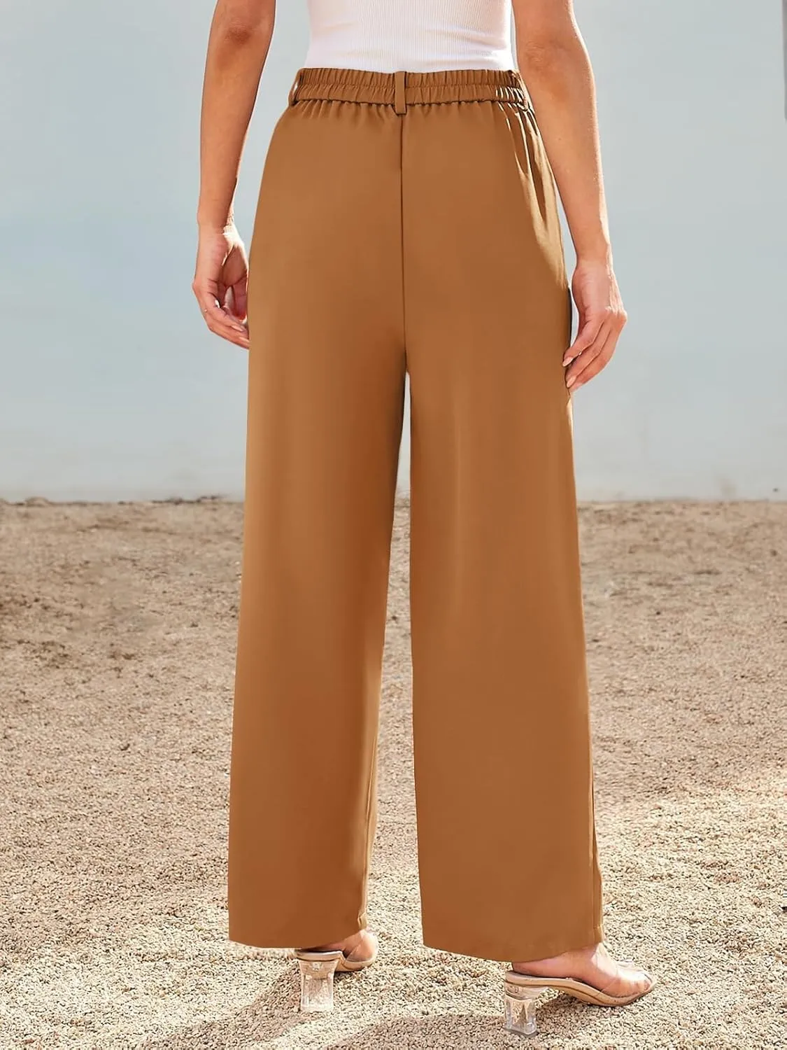 Chatinction Women's High Elastic Waisted Wide Leg Dress Pants Business Work Trousers with Pockets S-2XL
