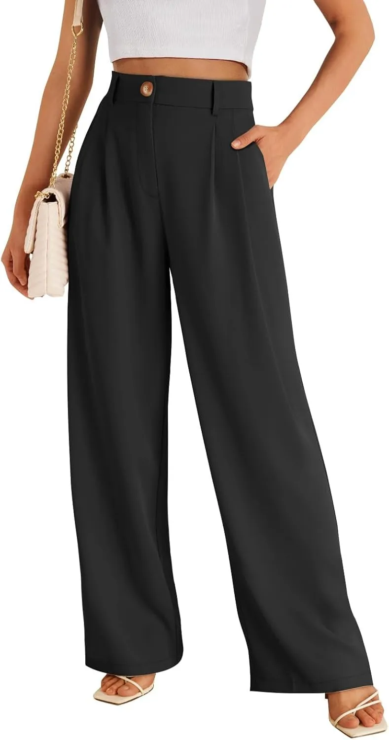 Chatinction Women's High Elastic Waisted Wide Leg Dress Pants Business Work Trousers with Pockets S-2XL