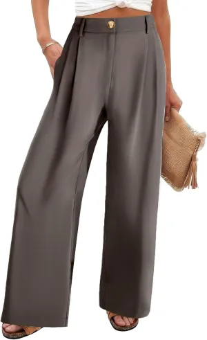 Chatinction Women's High Elastic Waisted Wide Leg Dress Pants Business Work Trousers with Pockets S-2XL