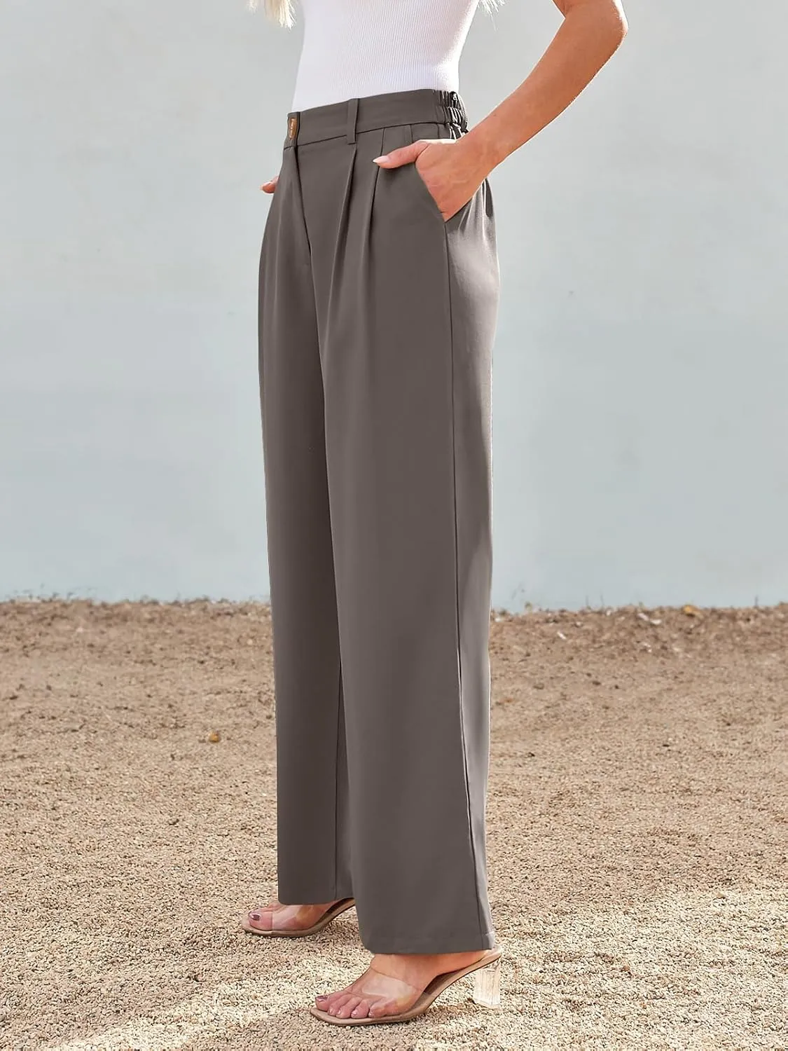 Chatinction Women's High Elastic Waisted Wide Leg Dress Pants Business Work Trousers with Pockets S-2XL