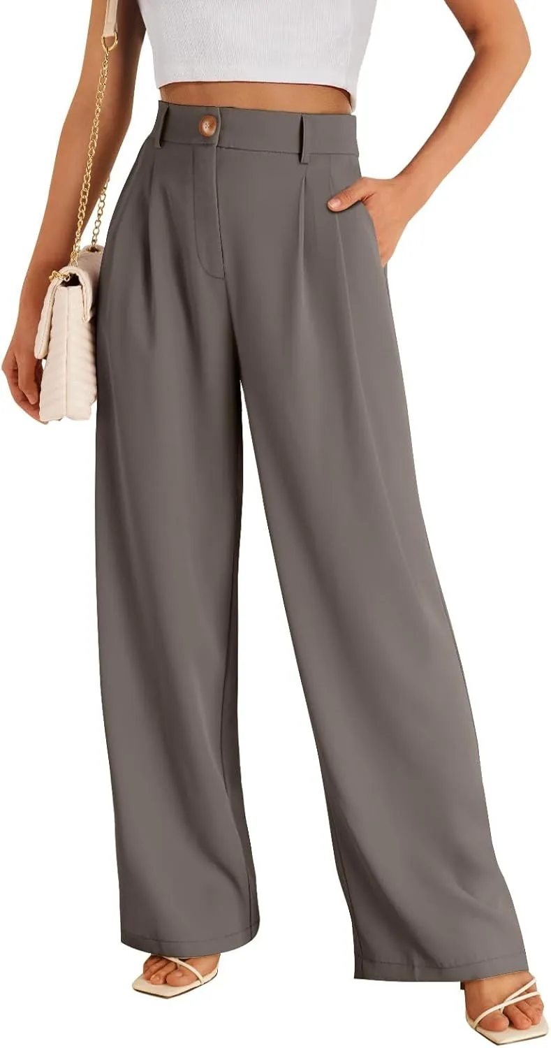 Chatinction Women's High Elastic Waisted Wide Leg Dress Pants Business Work Trousers with Pockets S-2XL