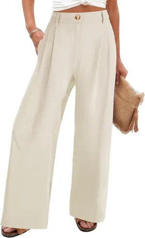 Chatinction Women's High Elastic Waisted Wide Leg Dress Pants Business Work Trousers with Pockets S-2XL