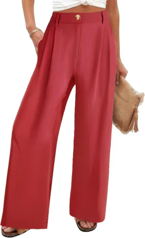 Chatinction Women's High Elastic Waisted Wide Leg Dress Pants Business Work Trousers with Pockets S-2XL