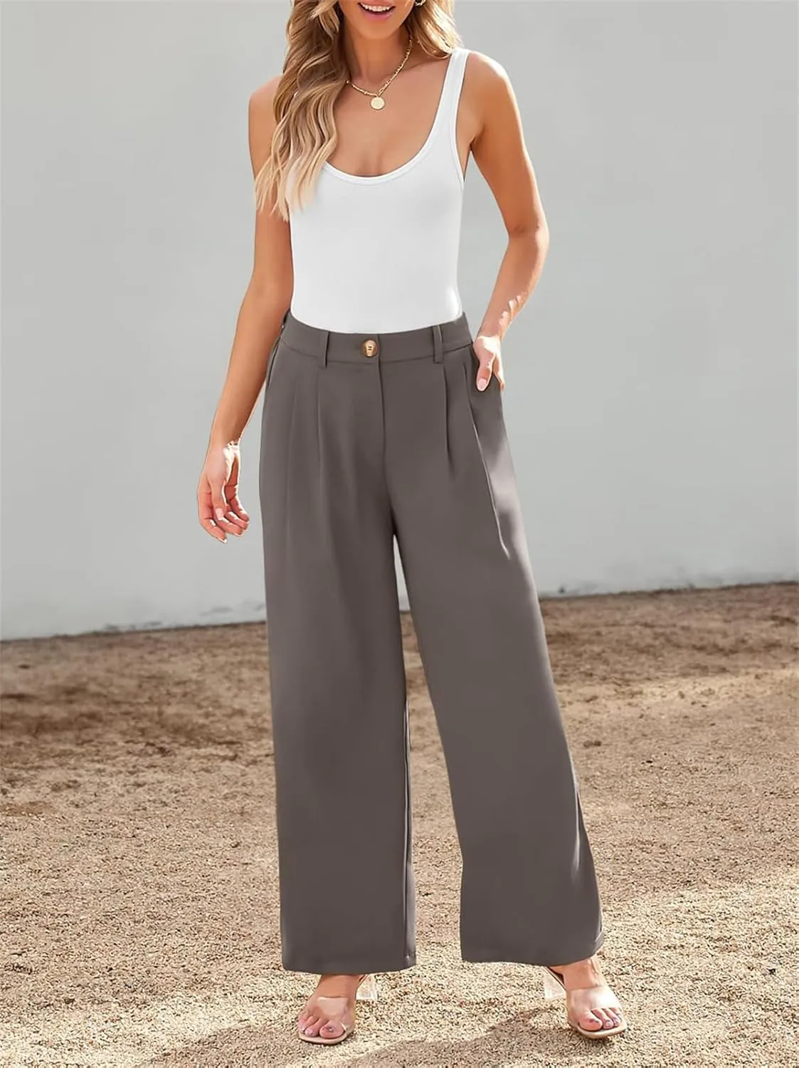 Chatinction Women's High Elastic Waisted Wide Leg Dress Pants Business Work Trousers with Pockets S-2XL