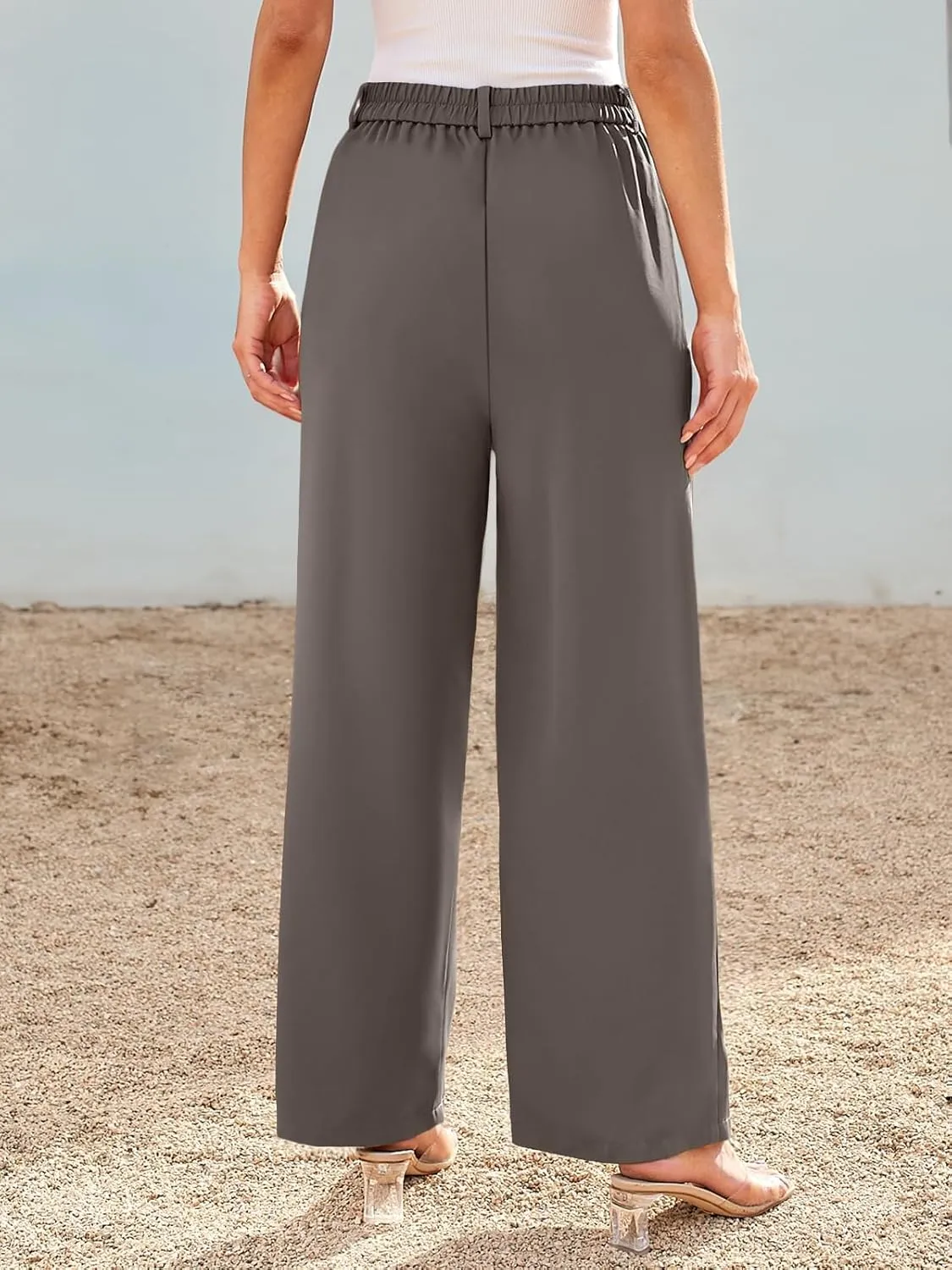 Chatinction Women's High Elastic Waisted Wide Leg Dress Pants Business Work Trousers with Pockets S-2XL