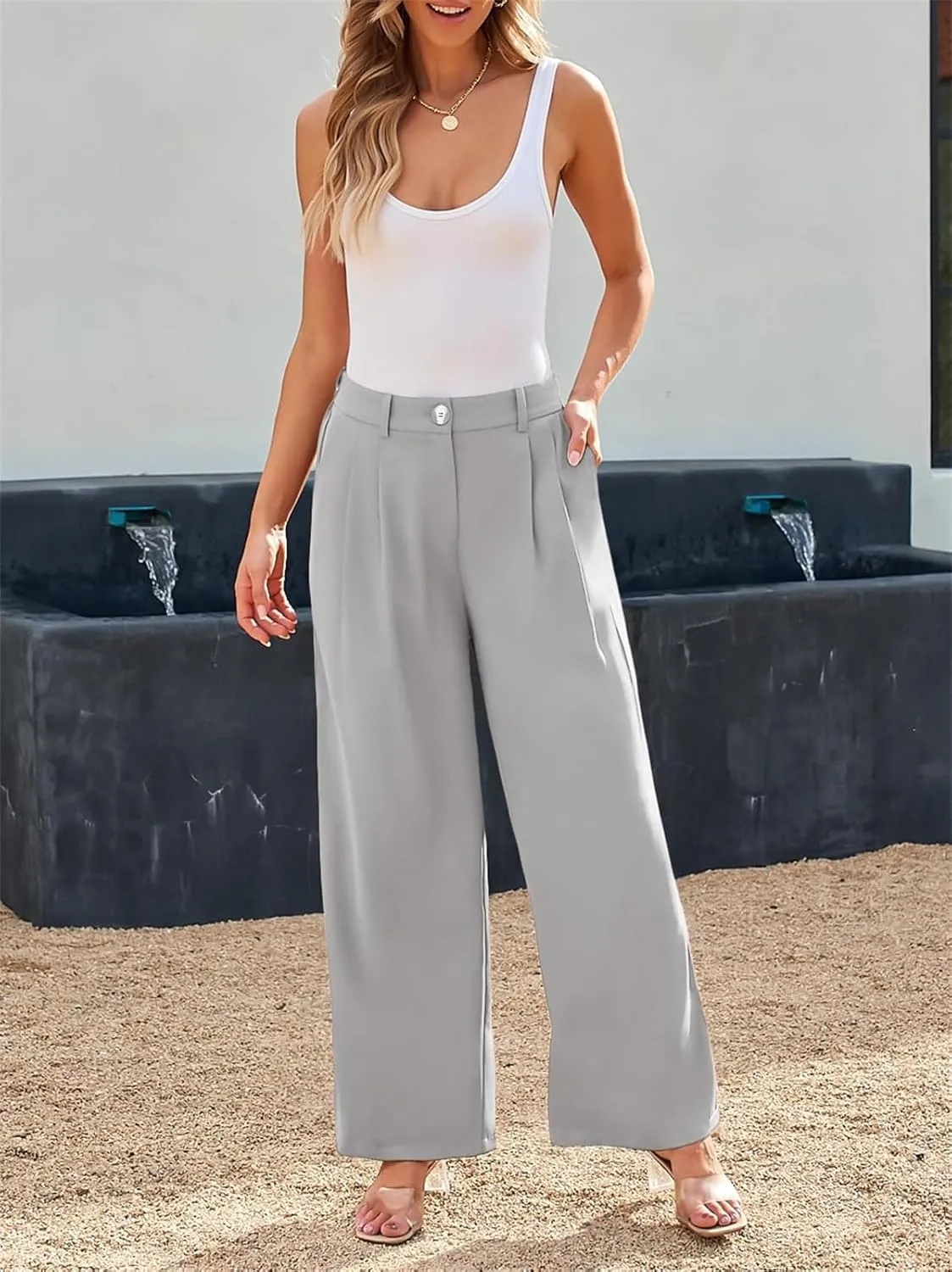 Chatinction Women's High Elastic Waisted Wide Leg Dress Pants Business Work Trousers with Pockets S-2XL