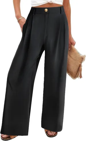 Chatinction Women's High Elastic Waisted Wide Leg Dress Pants Business Work Trousers with Pockets S-2XL