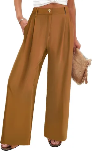 Chatinction Women's High Elastic Waisted Wide Leg Dress Pants Business Work Trousers with Pockets S-2XL