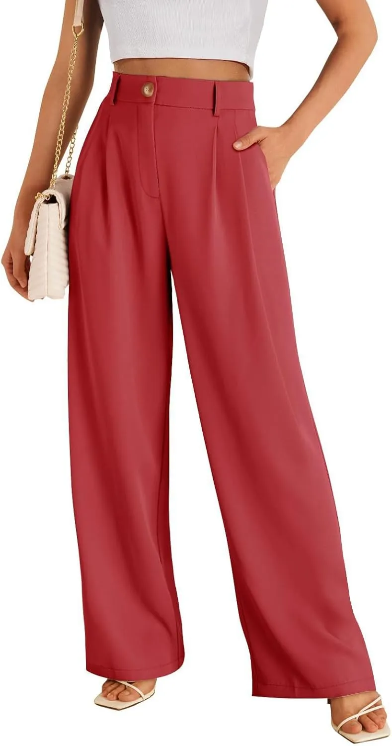 Chatinction Women's High Elastic Waisted Wide Leg Dress Pants Business Work Trousers with Pockets S-2XL