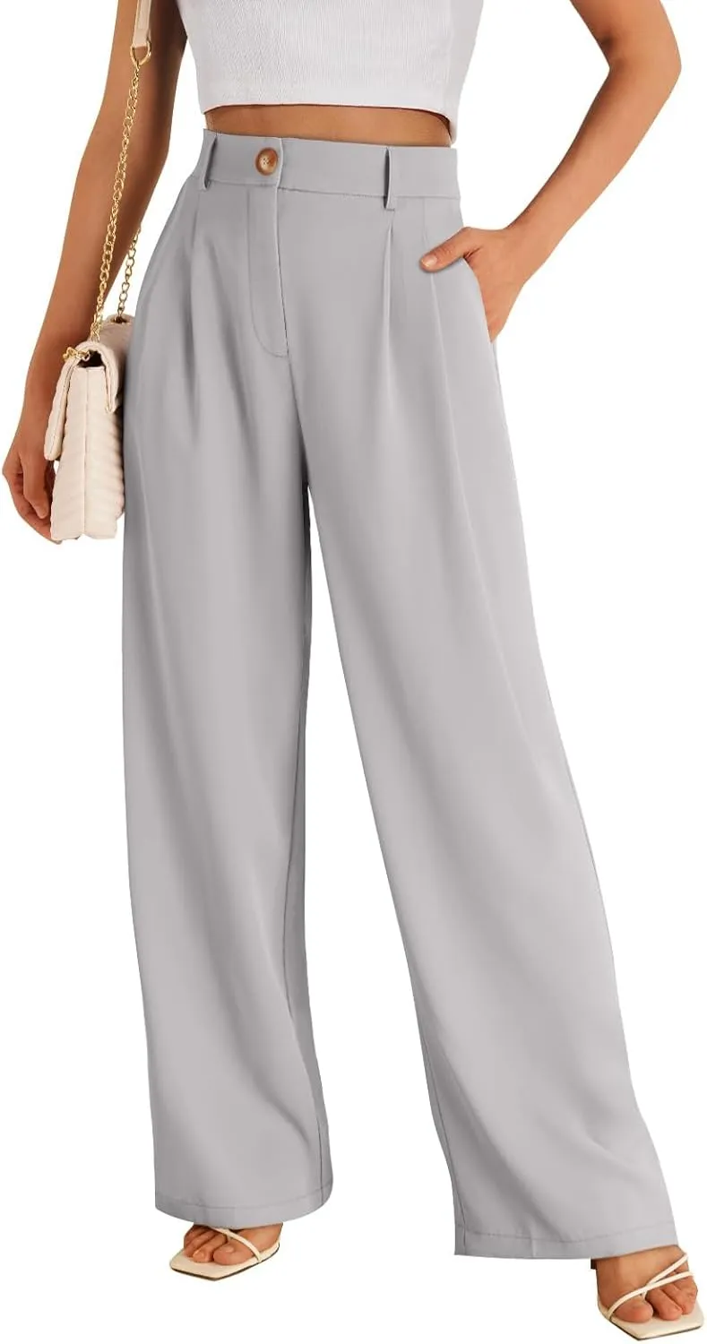 Chatinction Women's High Elastic Waisted Wide Leg Dress Pants Business Work Trousers with Pockets S-2XL