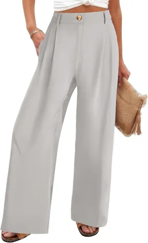 Chatinction Women's High Elastic Waisted Wide Leg Dress Pants Business Work Trousers with Pockets S-2XL