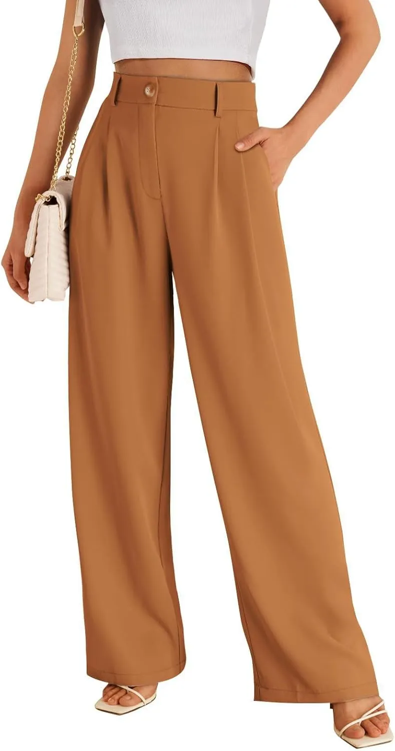 Chatinction Women's High Elastic Waisted Wide Leg Dress Pants Business Work Trousers with Pockets S-2XL