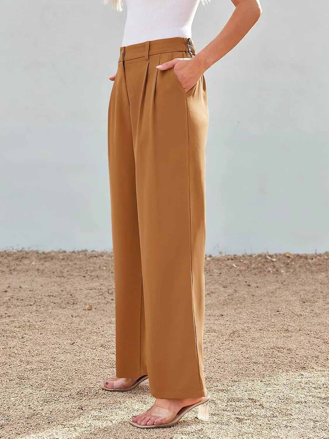 Chatinction Women's High Elastic Waisted Wide Leg Dress Pants Business Work Trousers with Pockets S-2XL