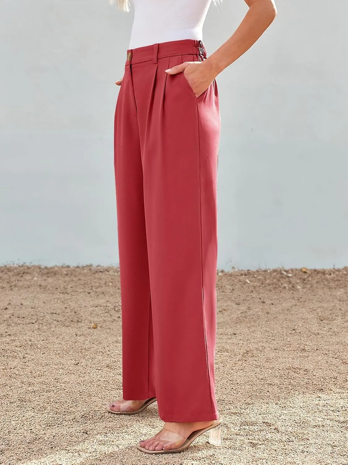 Chatinction Women's High Elastic Waisted Wide Leg Dress Pants Business Work Trousers with Pockets S-2XL