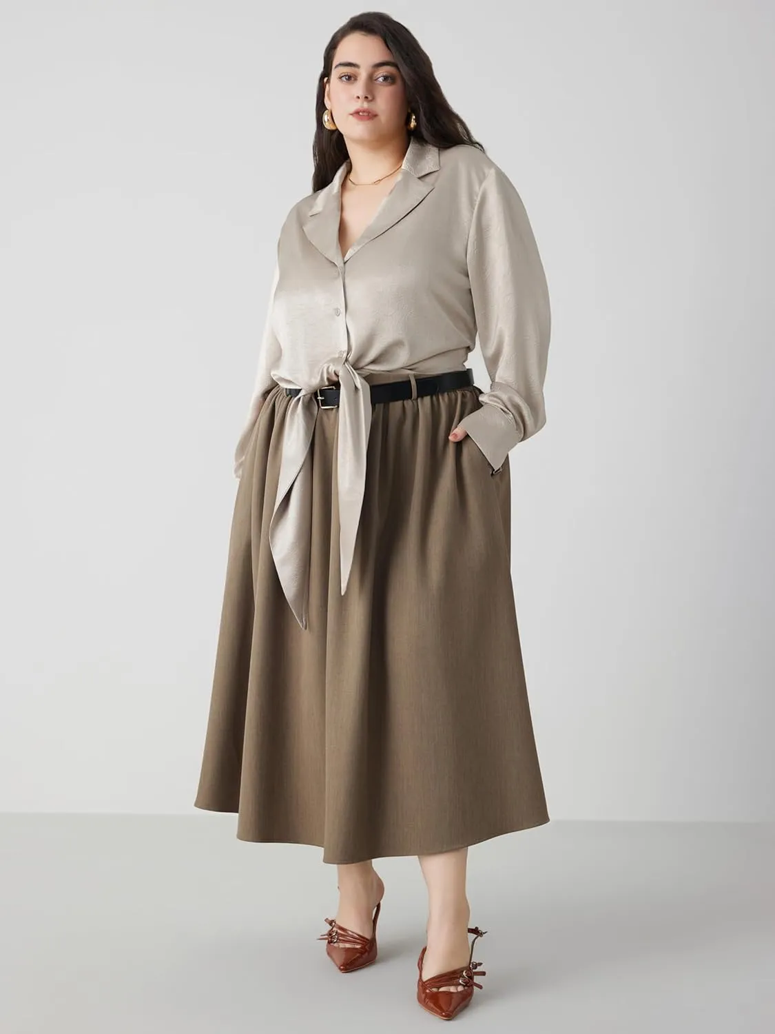 CIDER Mid Waist Skirts for Women Pleated A-Line Long Maxi Skirt Plus Size with Belts 2024 Trendy