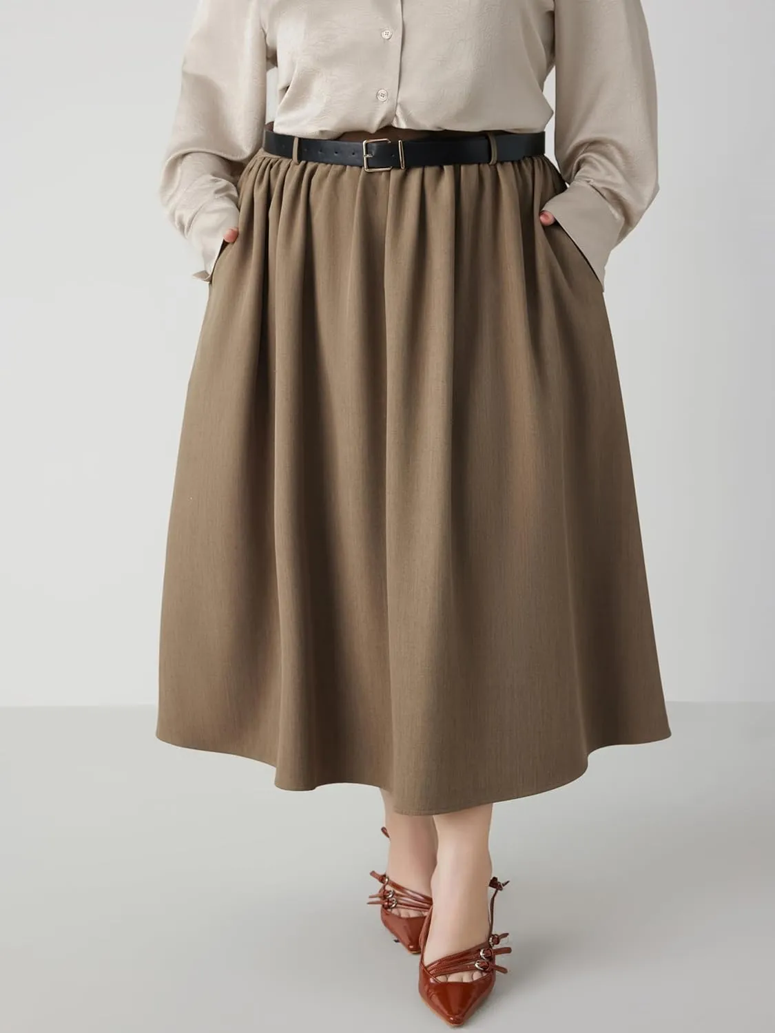 CIDER Mid Waist Skirts for Women Pleated A-Line Long Maxi Skirt Plus Size with Belts 2024 Trendy